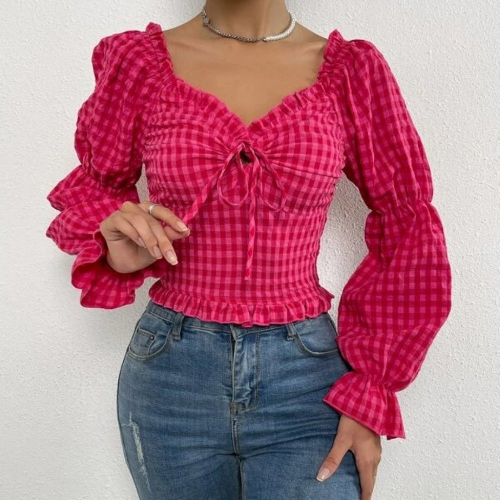 Pink Gingham Drawstring detail Frill Trim Shirred Blouse Top - Picture 2 of 6
